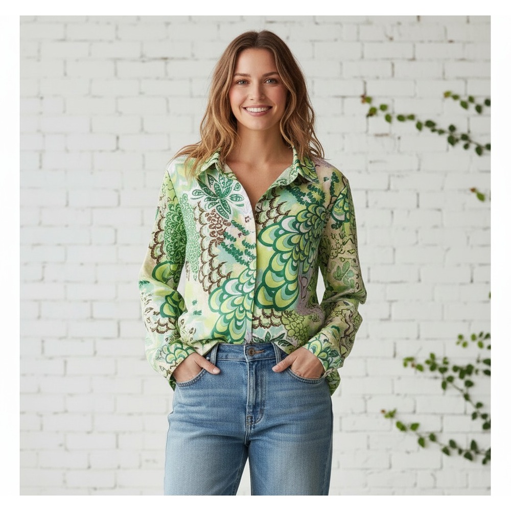Boohoo L Top Retro Green Floral Button Boho 70s 60s Psychedelic Retro Festival